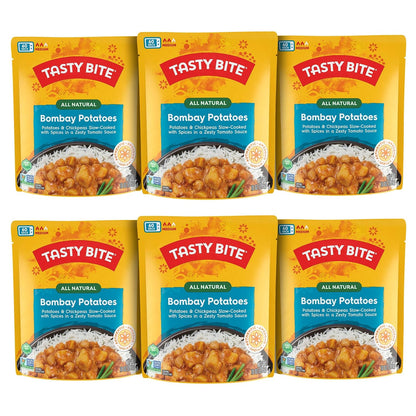 Microwaveable BACKUPMYFILESNOW Indian Bombay Potatoes entrée in a 10-ounce pack, ready to eat, shown in a bowl with spices.