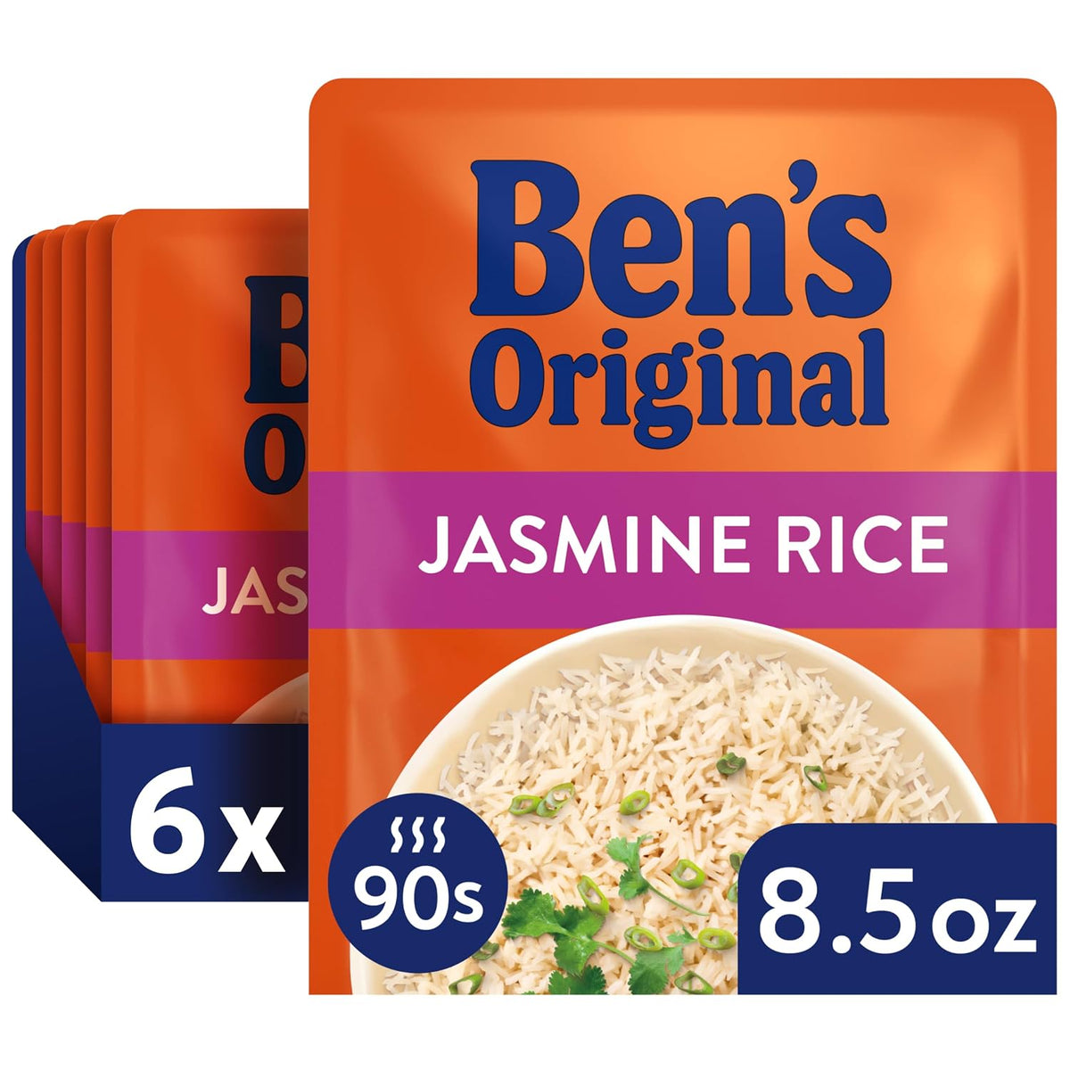 Ben's Original Ready Rice Four Cheese and Cheddar Broccoli microwave rice in an 8.5oz package, six-pack, with cheese and broccoli visible.