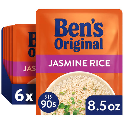 Ben's Original Ready Rice Four Cheese and Cheddar Broccoli microwave rice in an 8.5oz package, six-pack, with cheese and broccoli visible.