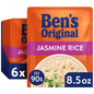 Ben's Original Ready Rice Four Cheese and Cheddar Broccoli microwave rice in an 8.5oz package, six-pack, with cheese and broccoli visible.