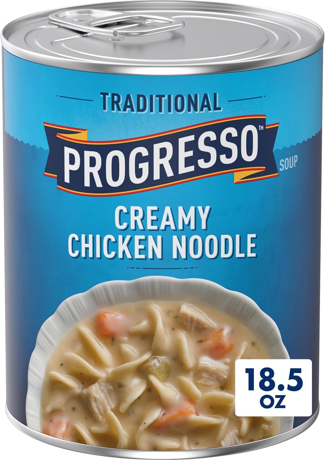 Cans of Progresso Traditional Chicken Noodle Soup, 19 oz, 4-pack, featuring creamy chicken broth with noodles and vegetables in a can