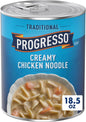 Cans of Progresso Traditional Chicken Noodle Soup, 19 oz, 4-pack, featuring creamy chicken broth with noodles and vegetables in a can