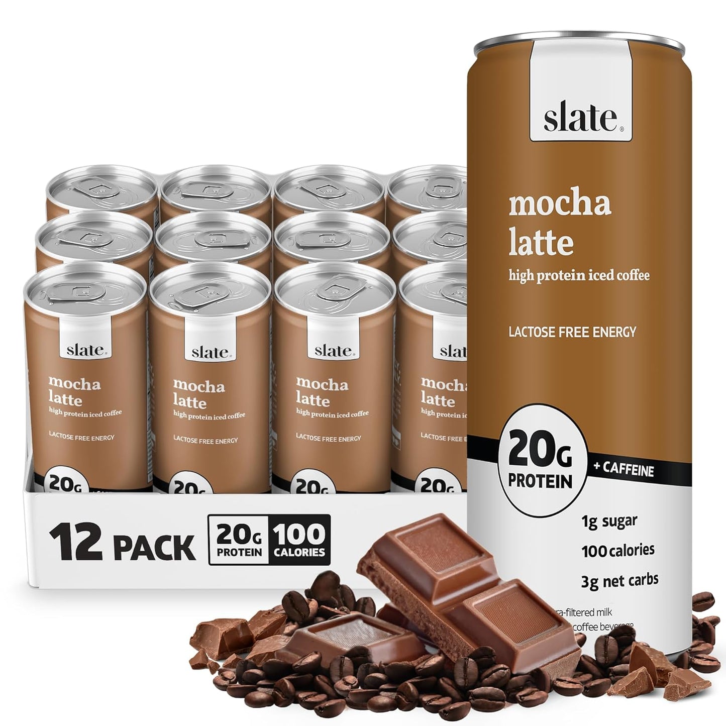 Slate Milk high protein milk shakes and iced coffees in chocolate, mocha, vanilla flavors, lactose-free, 20g protein, 11 fl oz cans