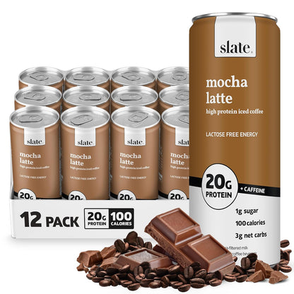 Slate Milk high protein milk shakes and iced coffees in chocolate, mocha, vanilla flavors, lactose-free, 20g protein, 11 fl oz cans