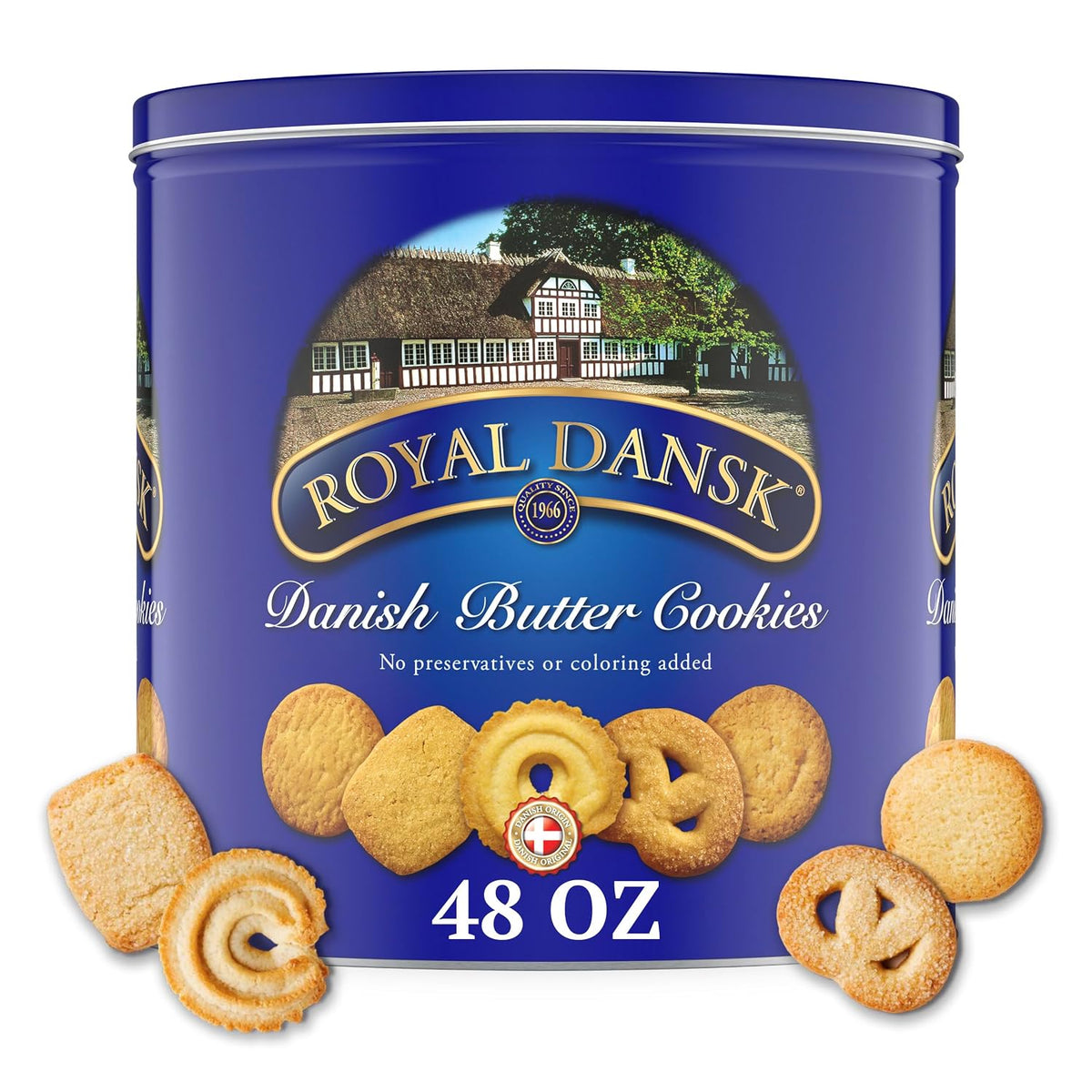 Royal Dansk Danish butter cookies in a 48 oz tin, featuring assorted real butter cookies with a golden, crispy appearance.