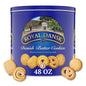 Royal Dansk Danish butter cookies in a 48 oz tin, featuring assorted real butter cookies with a golden, crispy appearance.