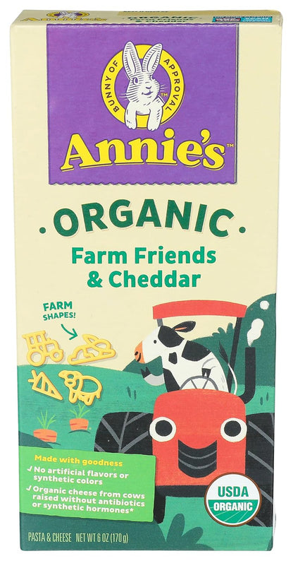 Annie's Shells & White Cheddar organic packaged mac and cheese box with pasta shells and creamy cheese flavor.