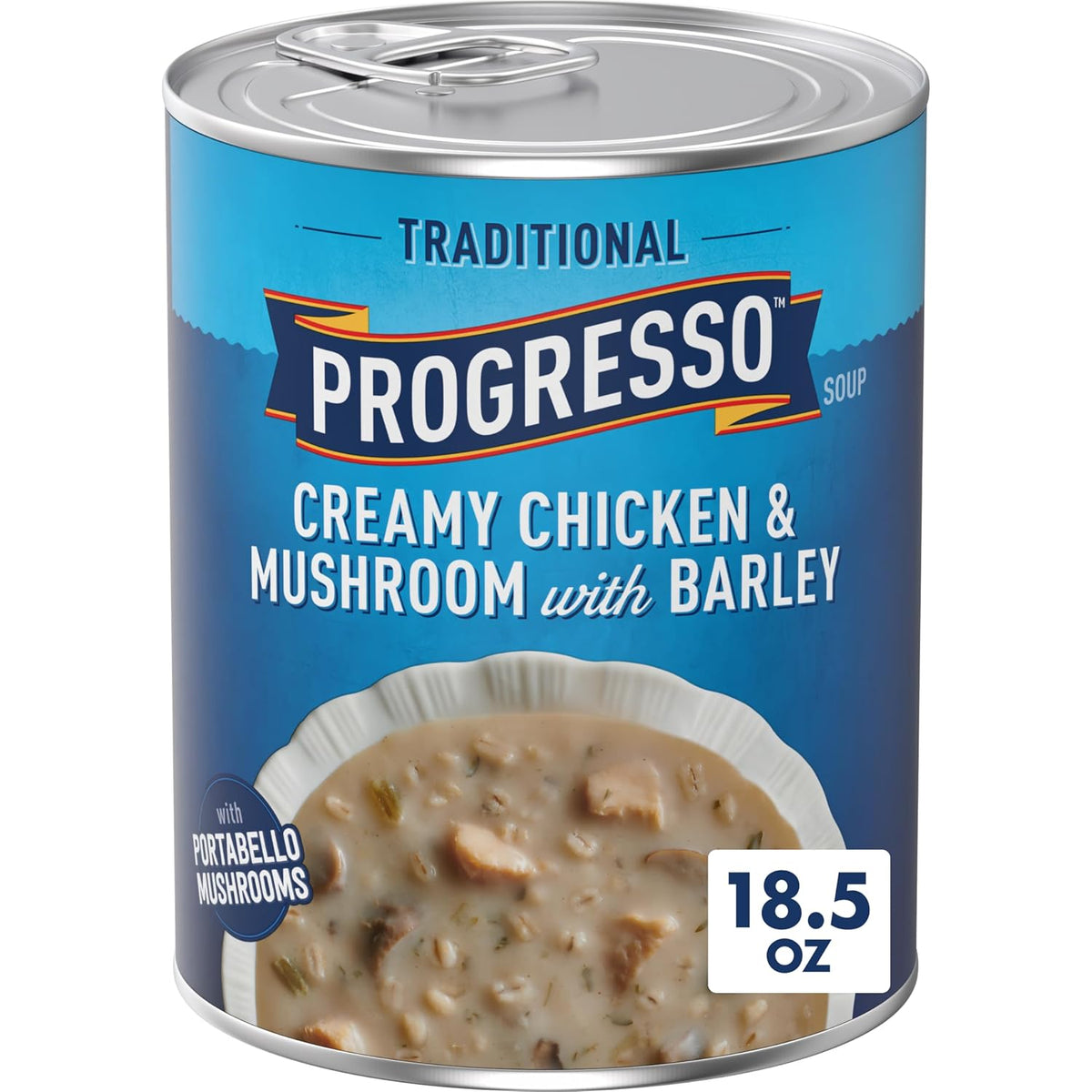 Canned Progresso Traditional Chicken Noodle Soup in 19 oz cans, 4-pack, showing soup with noodles, chicken, and vegetables.