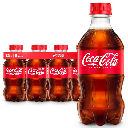 12-pack of Coca-Cola Cherry soda cans, 12 fl oz each, featuring the classic Coca-Cola branding and cherry flavor graphics.