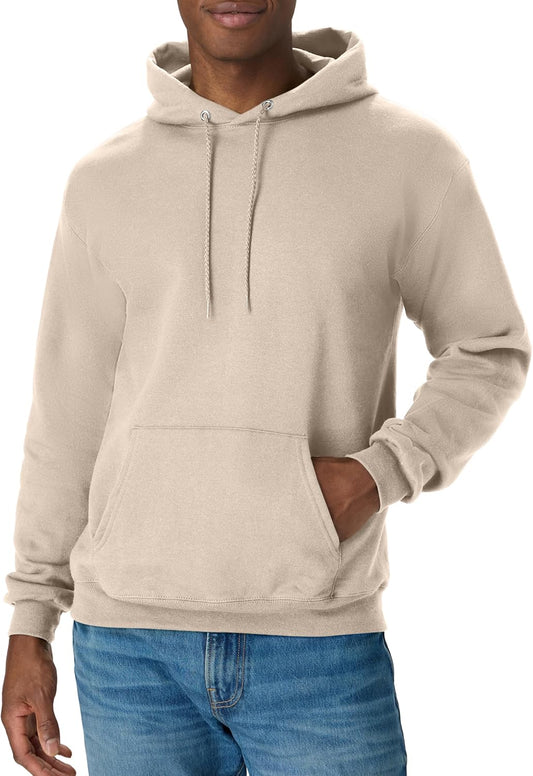 Hanes men's EcoSmart fleece hoodie with a front pocket, hood, and drawstrings, in a midweight fleece for men and women.