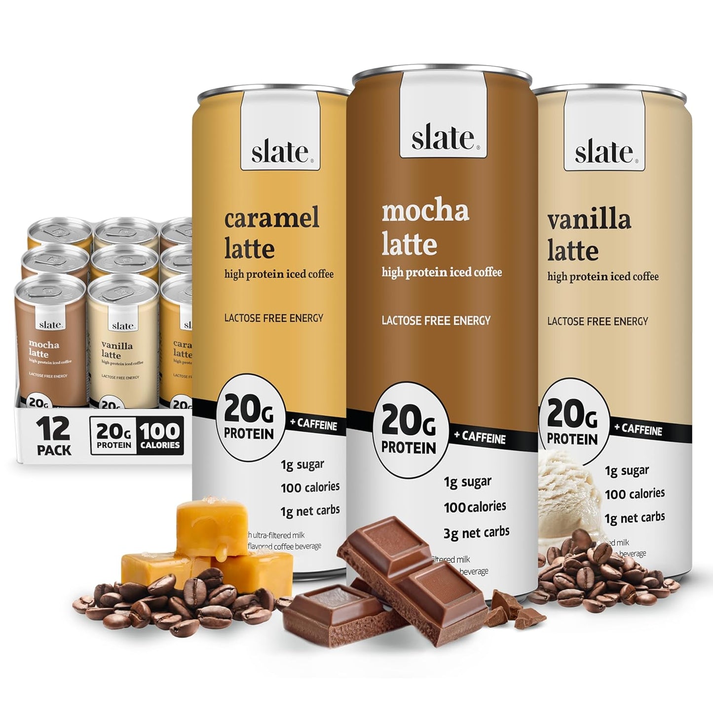 Slate Milk high protein milk shakes and iced coffees in classic chocolate, mocha latte, vanilla latte, and French vanilla flavors.