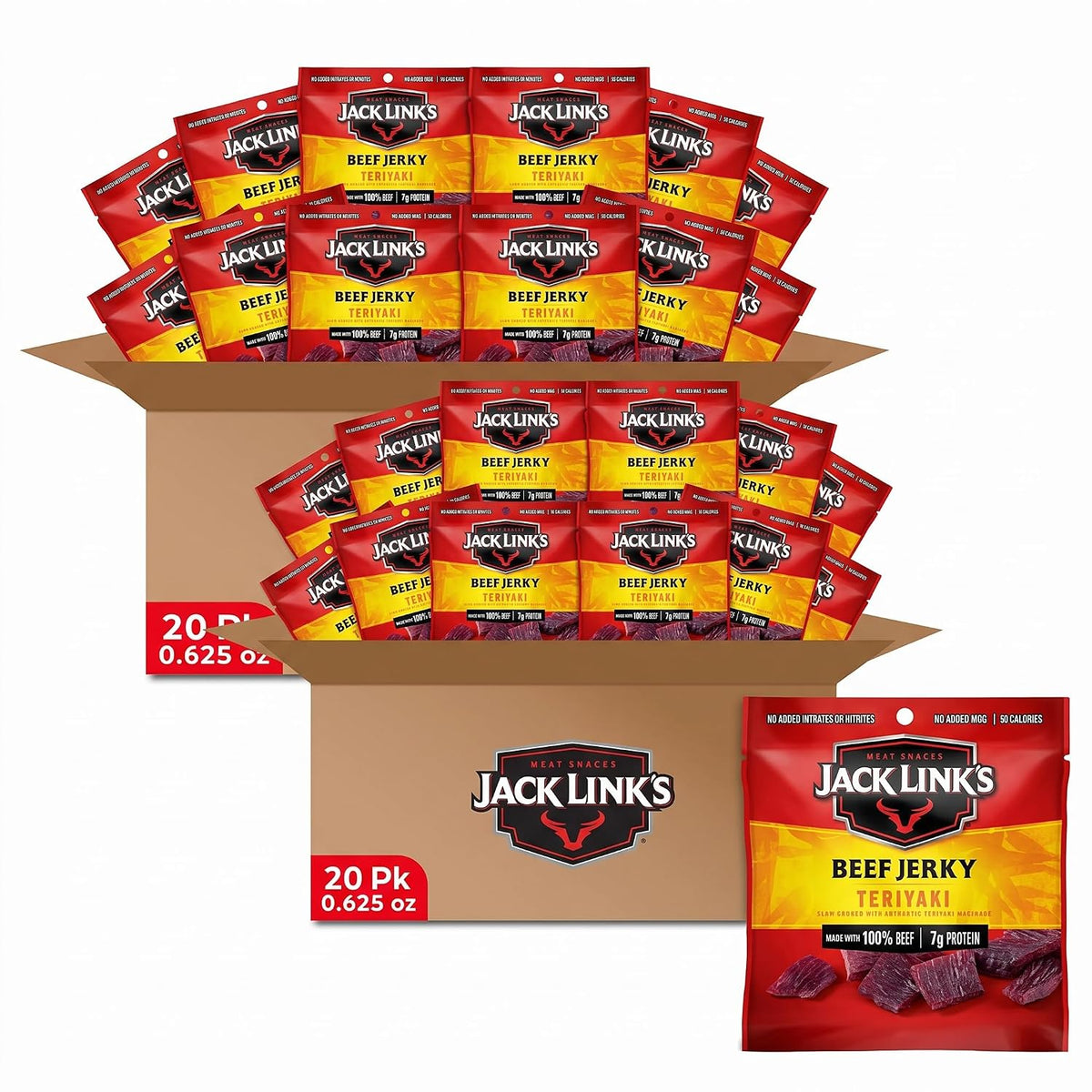 Jack Link's Teriyaki Beef Jerky Multipack with five 0.625 oz packs, showcasing flavorful, sliced beef jerky in a resealable bag