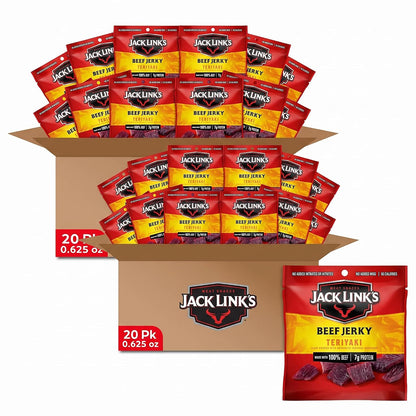 Jack Link's Teriyaki Beef Jerky Multipack with five 0.625 oz packs, showcasing flavorful, sliced beef jerky in a resealable bag