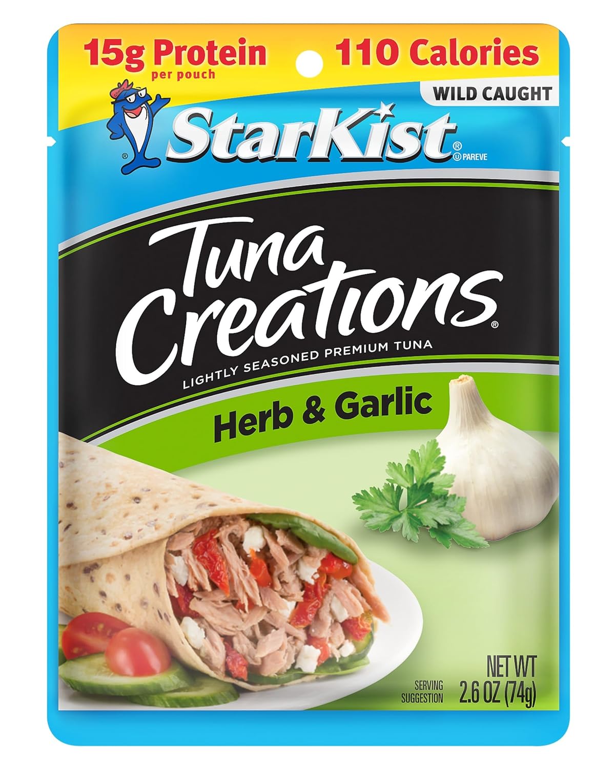 StarKist Tuna Creations Chipotle Lime packaged tuna fish pouch, 2.6oz, 24-pack, with colorful labeling and seafood inside.