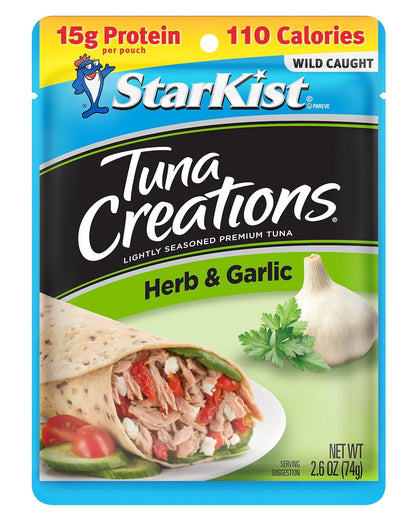 StarKist Tuna Creations Chipotle Lime packaged tuna fish pouch, 2.6oz, 24-pack, with colorful labeling and seafood inside.