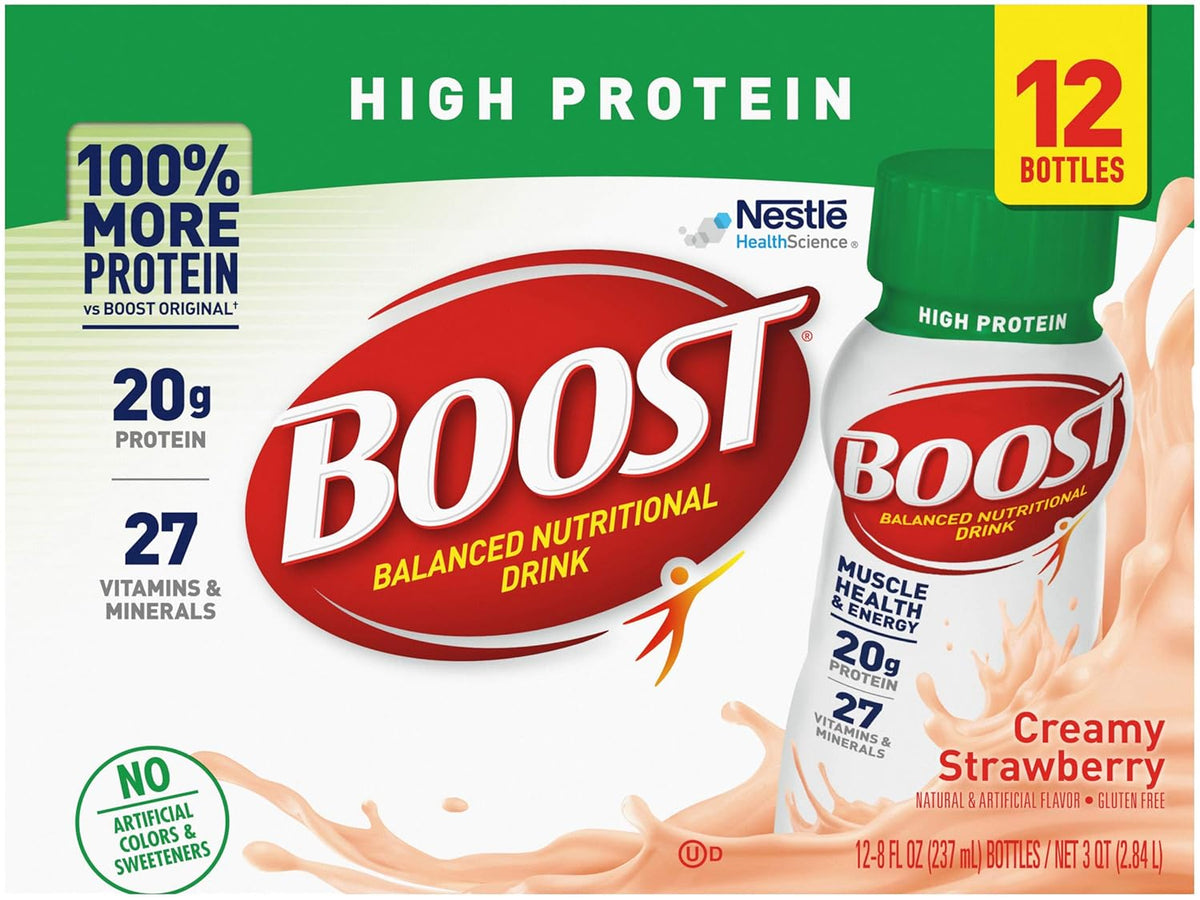 Boost Original Nutritional Drink in creamy strawberry flavor, 8 oz bottles, pack of 24, with colorful label and bottles.