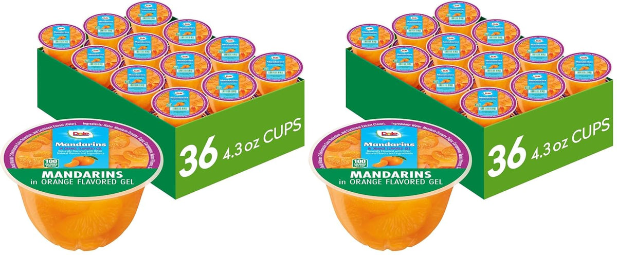 Canned Dole Mandarin Oranges in 4oz cups, showing bright orange slices in clear containers, ready to eat.