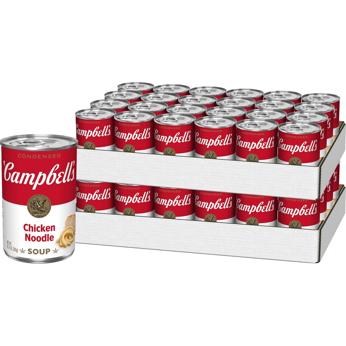Four 10.75 oz cans of Campbell's condensed chicken noodle soup, stacked with labels visible in the image.
