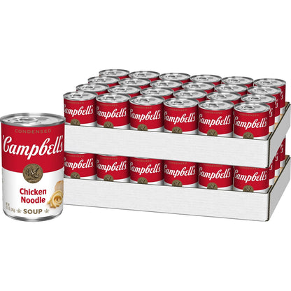 Four 10.75 oz cans of Campbell's condensed chicken noodle soup, stacked with labels visible in the image.