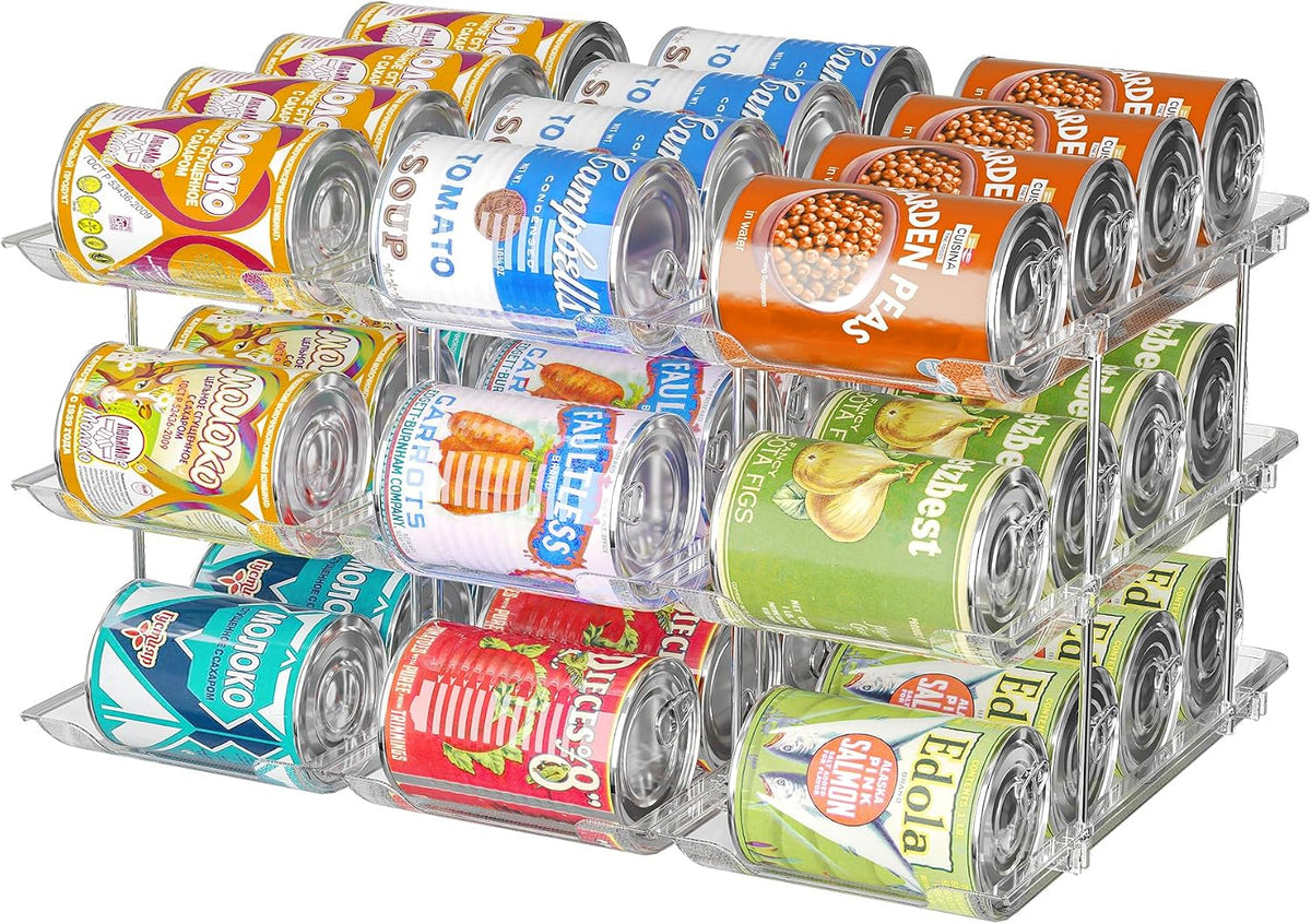 Attelite 3-tier rolling can organizer for pantry storage, featuring multiple cans neatly stacked in a clear, durable can organizer.