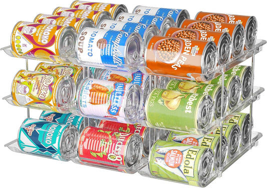 Attelite 3-tier rolling can organizer for pantry storage, featuring multiple cans neatly stacked in a clear, durable can organizer.