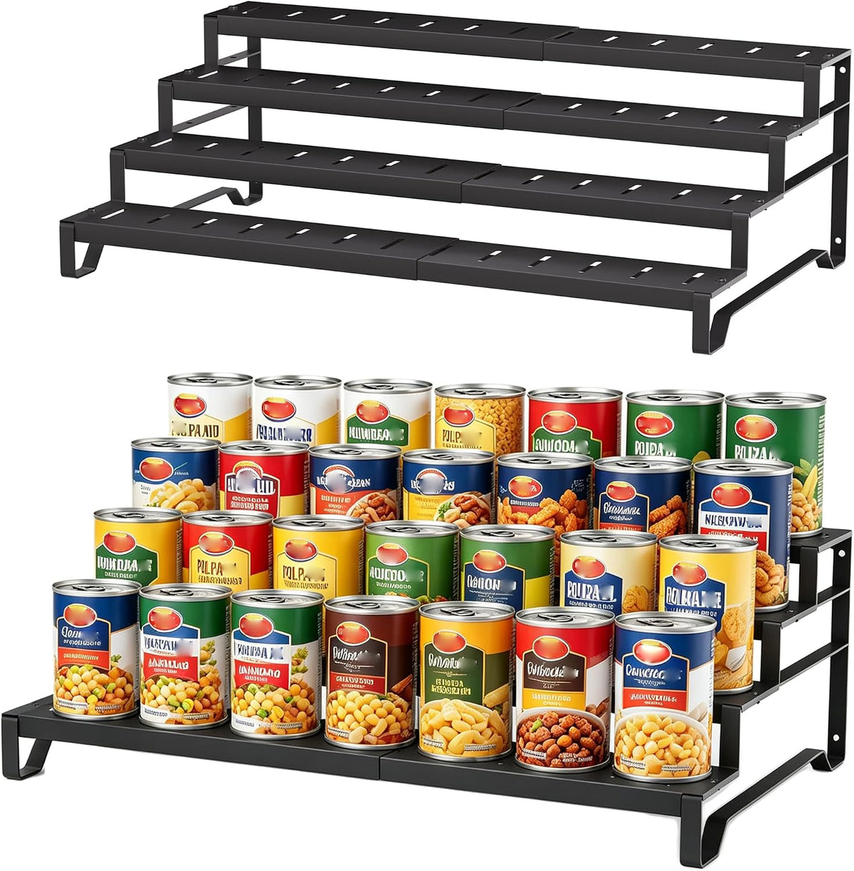 Expandable Attelite can organizer with 3 tiers for pantry storage, metal design for canned food organization.