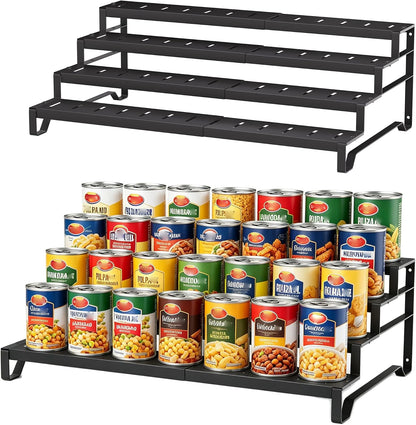 Expandable Attelite can organizer with 3 tiers for pantry storage, metal design for canned food organization.