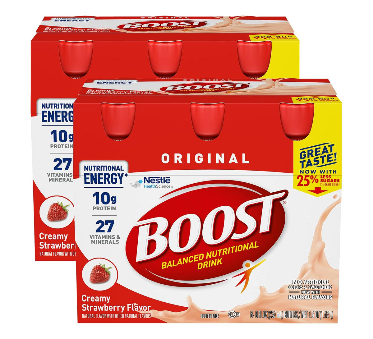Boost Original Nutritional Drink in creamy strawberry flavor, 8 oz bottle, pack of 24, with colorful label and bottle design.