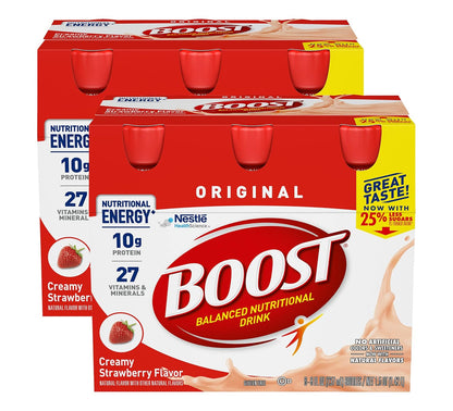 Boost Original Nutritional Drink in creamy strawberry flavor, 8 oz bottle, pack of 24, with colorful label and bottle design.
