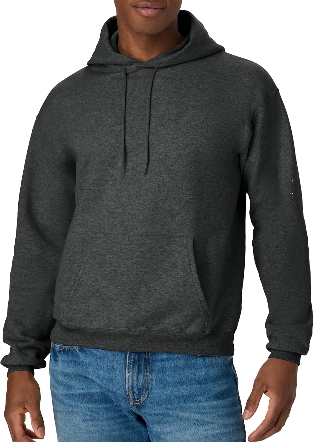 Hanes Men's EcoSmart fleece hoodie with drawstring hood, front pocket, and ribbed cuffs, available in big and tall sizes.
