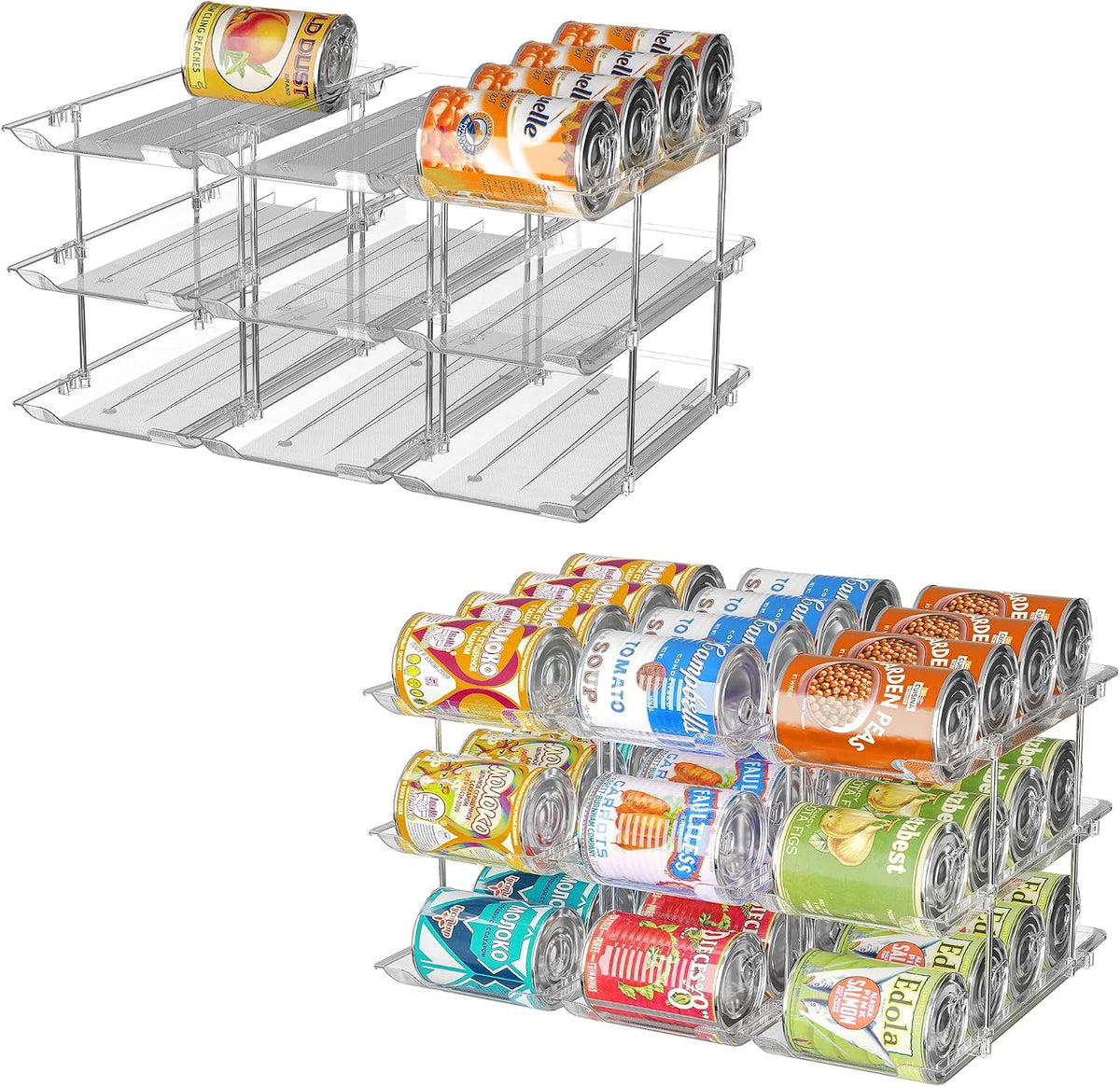 Attelite 3-tier rolling can organizer for pantry storage, featuring multiple cans and easy mobility on wheels.