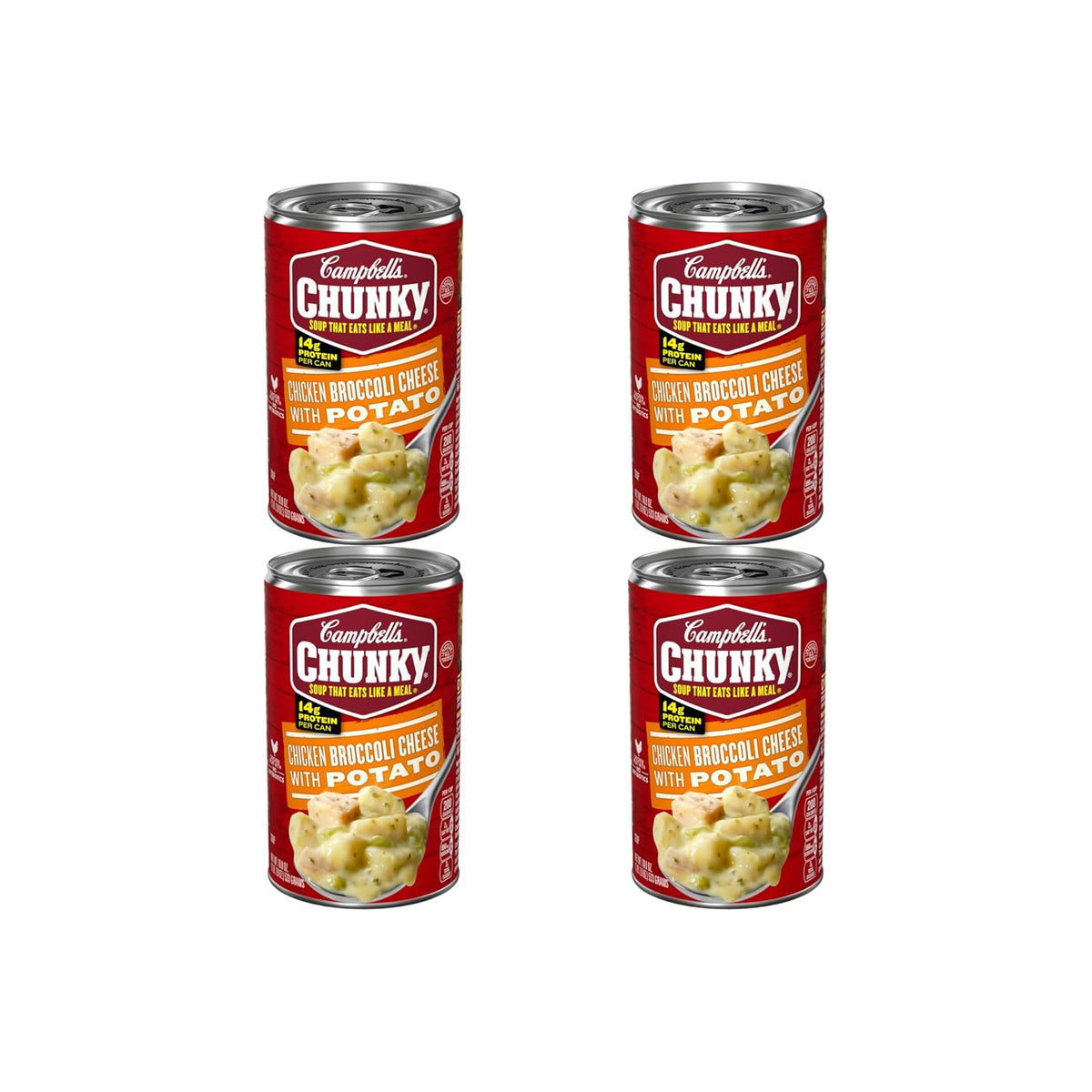 Campbell’s Chunky Chicken Broccoli Cheese Soup in an 18.8 oz can, showing the soup with chunks of chicken, broccoli, and melted cheese