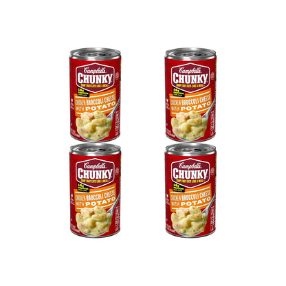 Campbell’s Chunky Chicken Broccoli Cheese Soup in an 18.8 oz can, showing the soup with chunks of chicken, broccoli, and melted cheese