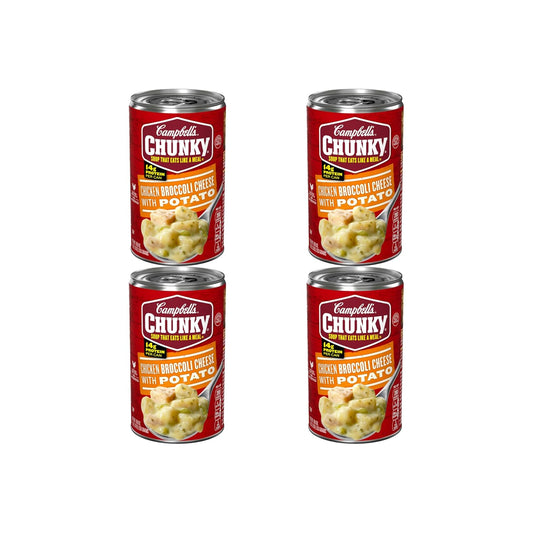 Campbell’s Chunky Chicken Broccoli Cheese Soup in an 18.8 oz can, showing the soup with chunks of chicken, broccoli, and melted cheese