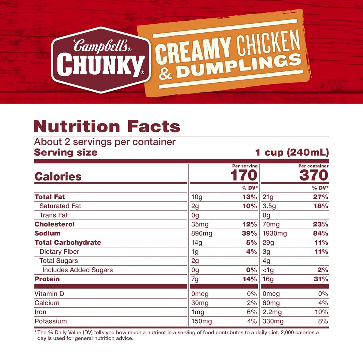 Campbell’s Chunky Creamy Chicken and Dumplings Soup in an 18.8 oz can, featuring hearty chicken and soft dumplings