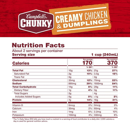 Campbell’s Chunky Creamy Chicken and Dumplings Soup in an 18.8 oz can, featuring hearty chicken and soft dumplings