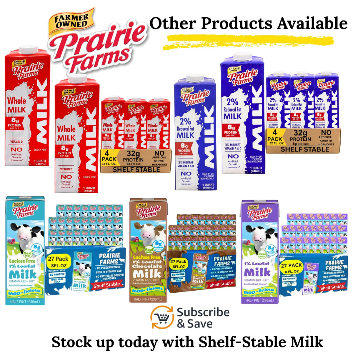 Prairie Farms 1% low fat shelf stable milk box with Vitamin D, preservative-free, hormone-free, kosher, 8 fl oz, 27-pack.
