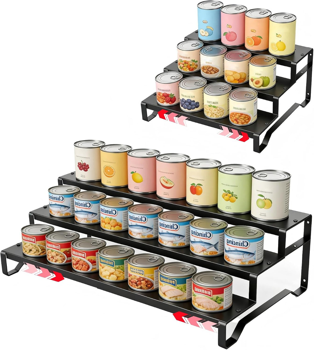 Expandable Attelite can organizer for pantry, 3-tier metal canned food storage, adjustable for organized kitchen shelf.
