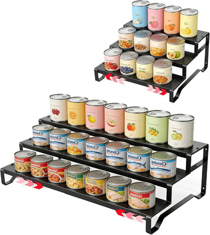 Expandable Attelite can organizer for pantry, 3-tier metal canned food storage, adjustable for organized kitchen shelf.