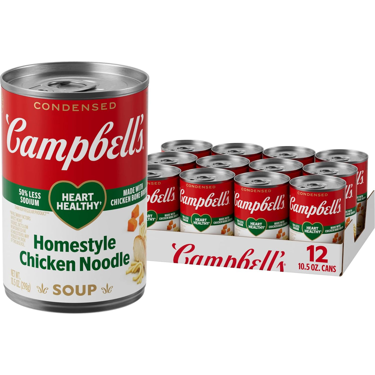 Cans of Campbell's Homestyle Chicken Noodle Soup in 10.5 oz packaging, pack of 12, featuring chicken, noodles, and vegetables on the label.