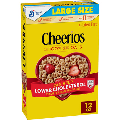 Bowl of Cheerios gluten-free breakfast cereal in family size box, showing round oat cereal pieces on a table.