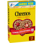 Bowl of Cheerios gluten-free breakfast cereal in family size box, showing round oat cereal pieces on a table.