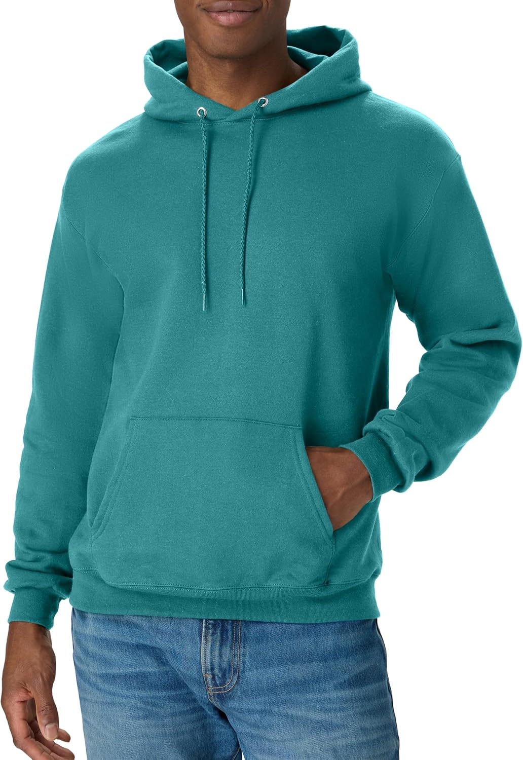 Hanes men's EcoSmart fleece hoodie with front pocket, hood, and drawstrings, worn by a person in a casual setting.