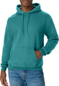 Hanes men's EcoSmart fleece hoodie with front pocket, hood, and drawstrings, worn by a person in a casual setting.