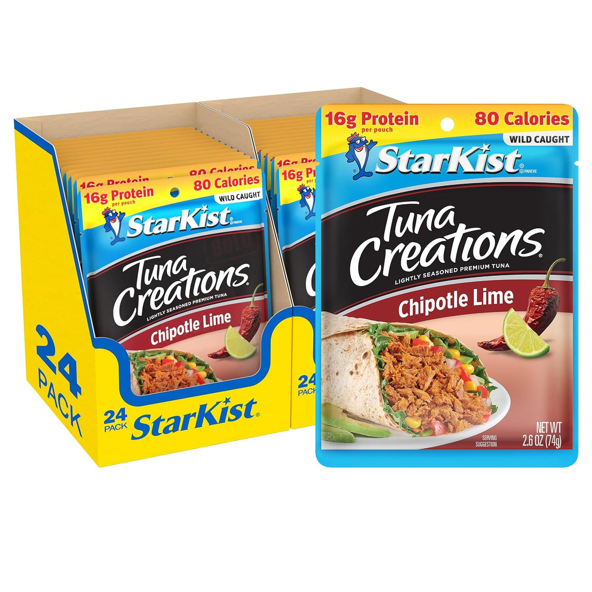 StarKist Tuna Creations Chipotle Lime in 2.6oz pouch, 24-pack, ready-to-eat packaged tuna fish with spicy chipotle lime flavor