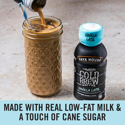 Java House Cold Brew 8oz bottles with French Vanilla Latte flavor, featuring creamy vanilla and rich coffee in a clear glass bottle.