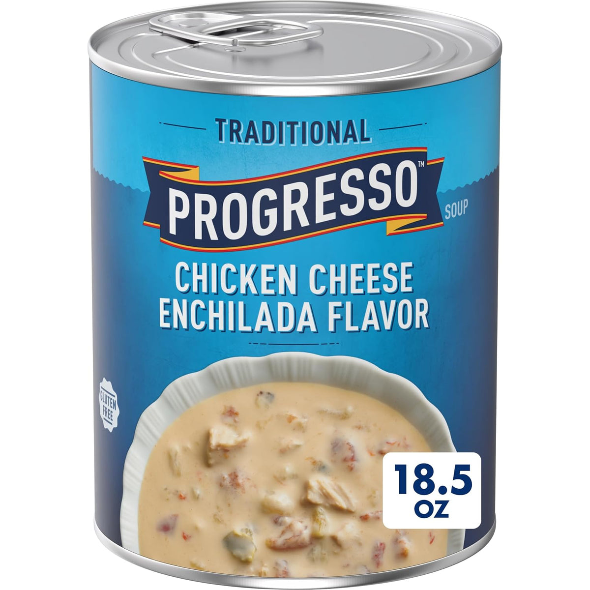 Canned Progresso Traditional Chicken Noodle Soup 19 oz pack showing four cans with labels and soup ingredients