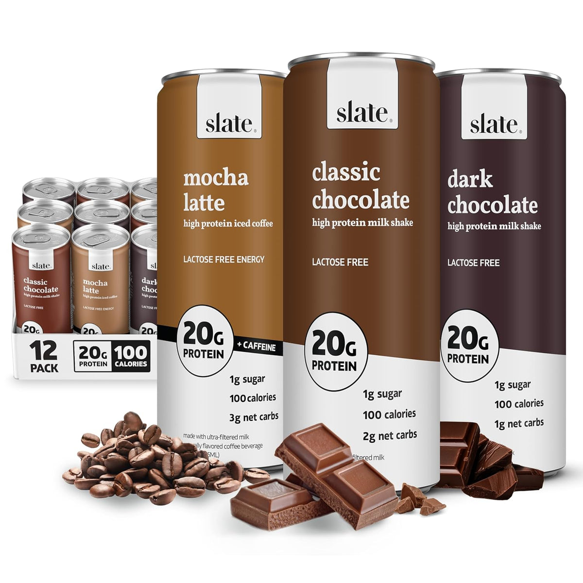 Slate Milk high protein milk shakes and iced coffees in classic chocolate, mocha latte, vanilla latte, and French vanilla flavors.