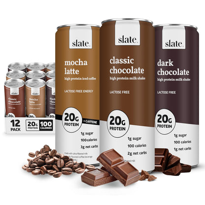 Slate Milk high protein milk shakes and iced coffees in classic chocolate, mocha latte, vanilla latte, and French vanilla flavors.
