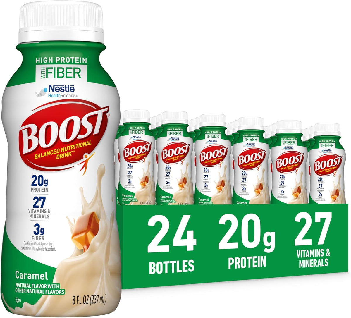 BOOST High Protein with Fiber Strawberry nutritional shake 24-pack bottle, showing the colorful strawberry flavor label.